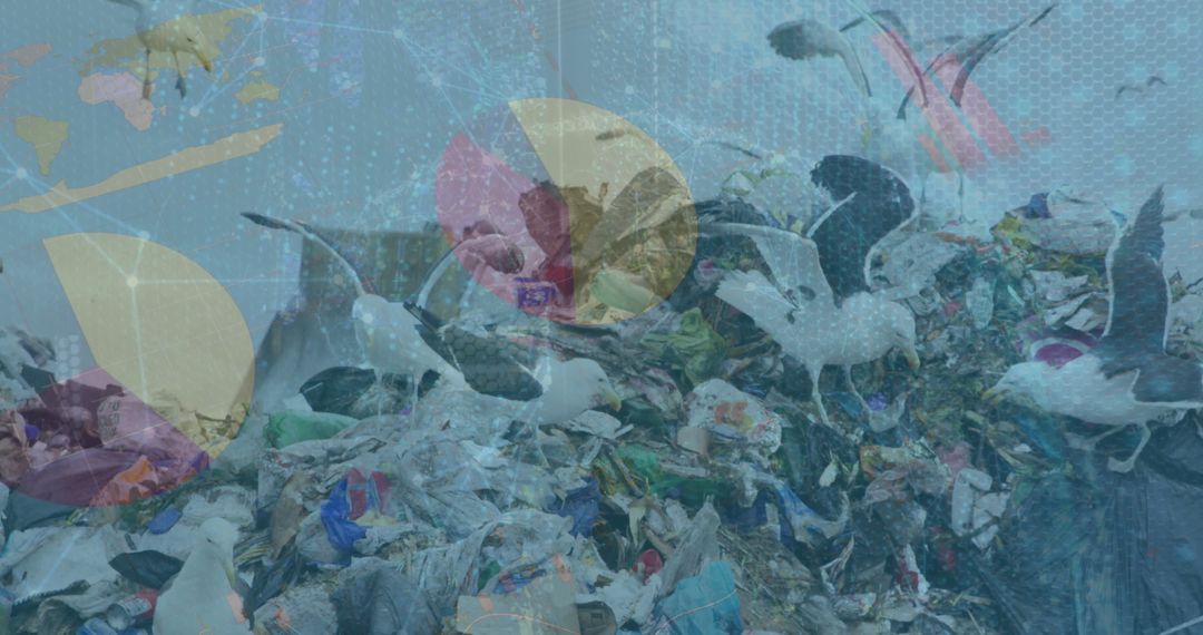 Gulls on Coastal Dump with Futuristic Digital Overlays