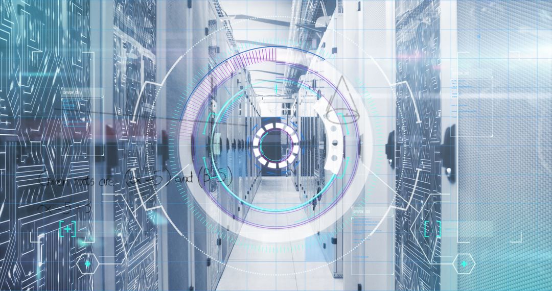 Futuristic Data Center Aisle with Holographic Overlay Technology