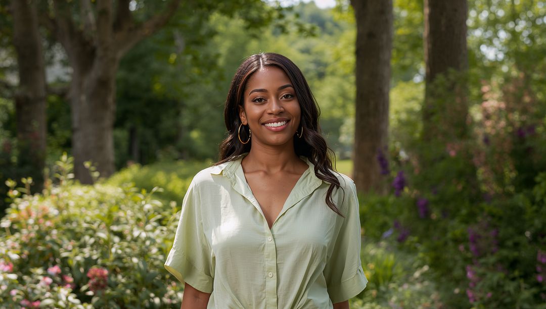 Smiling Woman in Sunlit Garden with Greenery Around