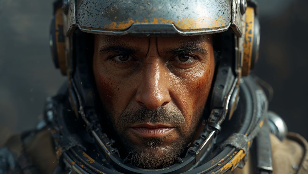 Weathered Pilot Staring Through Scuffed Helmet: Intense Close-Up of Battle-Ready Aviator