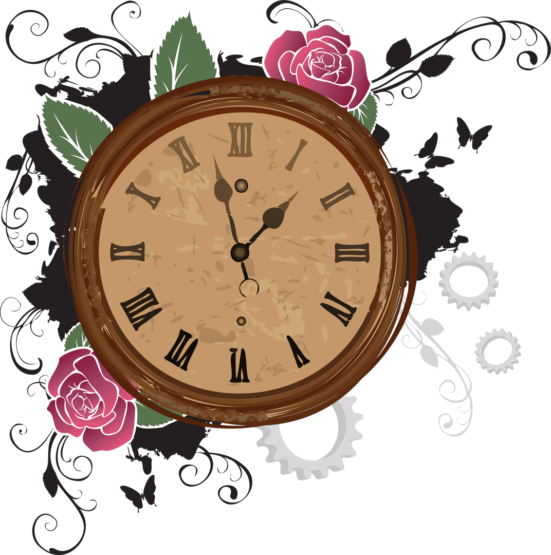 Antique Clock with Botanical Floral Design on Transparent Background
