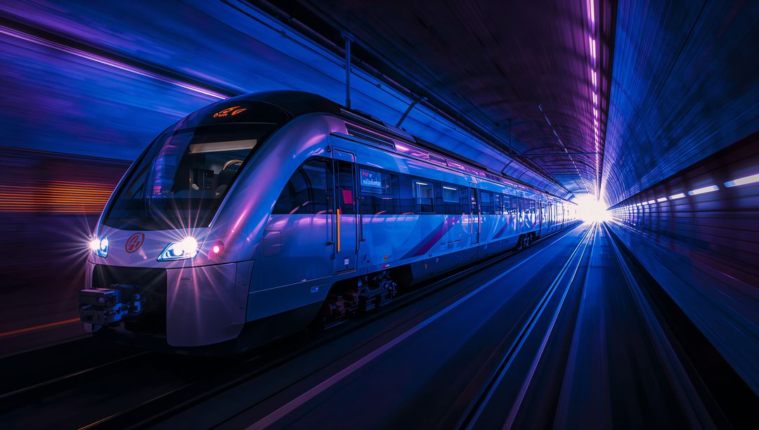 High-Speed Silver Commuter Train Racing Through Neon-Lit Tunnel With Starburst Headlights