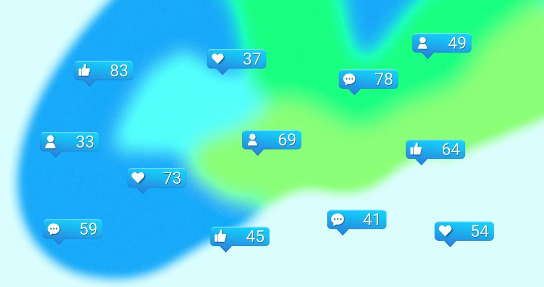 Social Media Interaction Icons on Abstract Blue Green Background