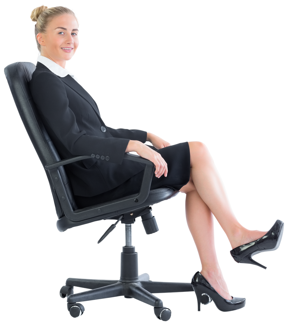 Blonde Businesswoman Sitting On Swivel Office Chair, Wearing Black Suit, Transparent Background - Download Free Stock Images Pikwizard.com