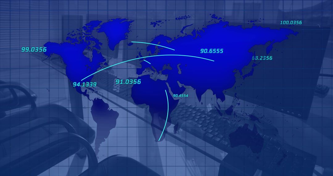 Global Financial Data Processing Overlaid on World Map