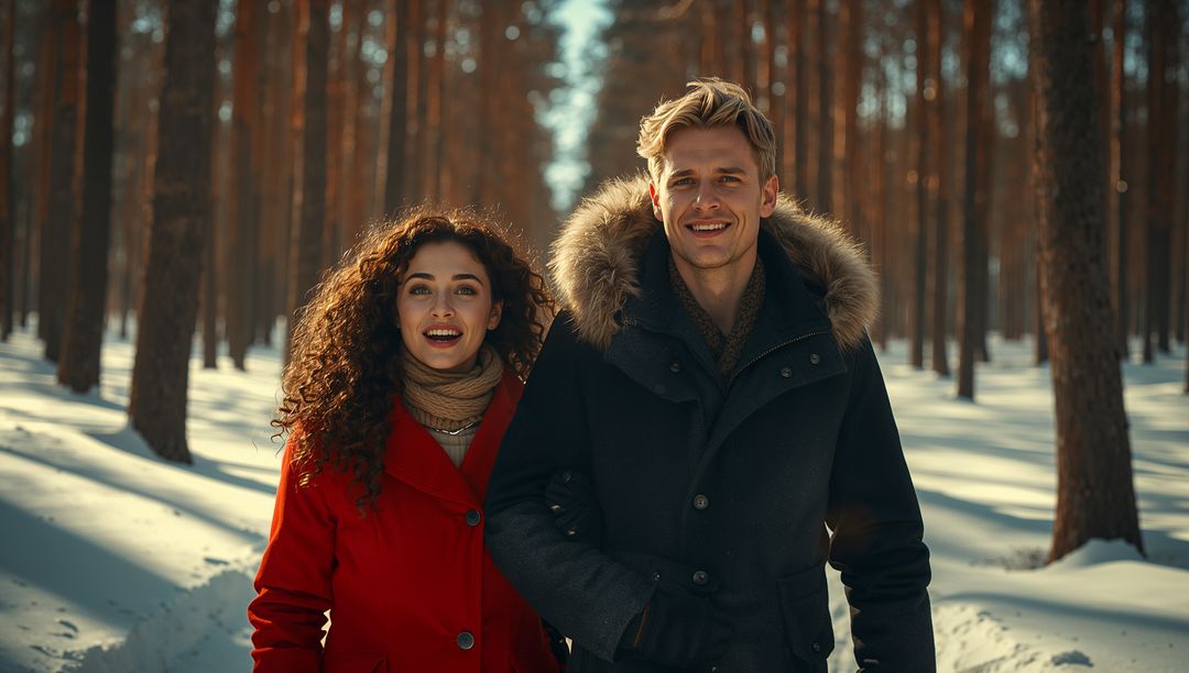 Couple Strolling Through Snowy Pine Forest Embracing Winter Bliss