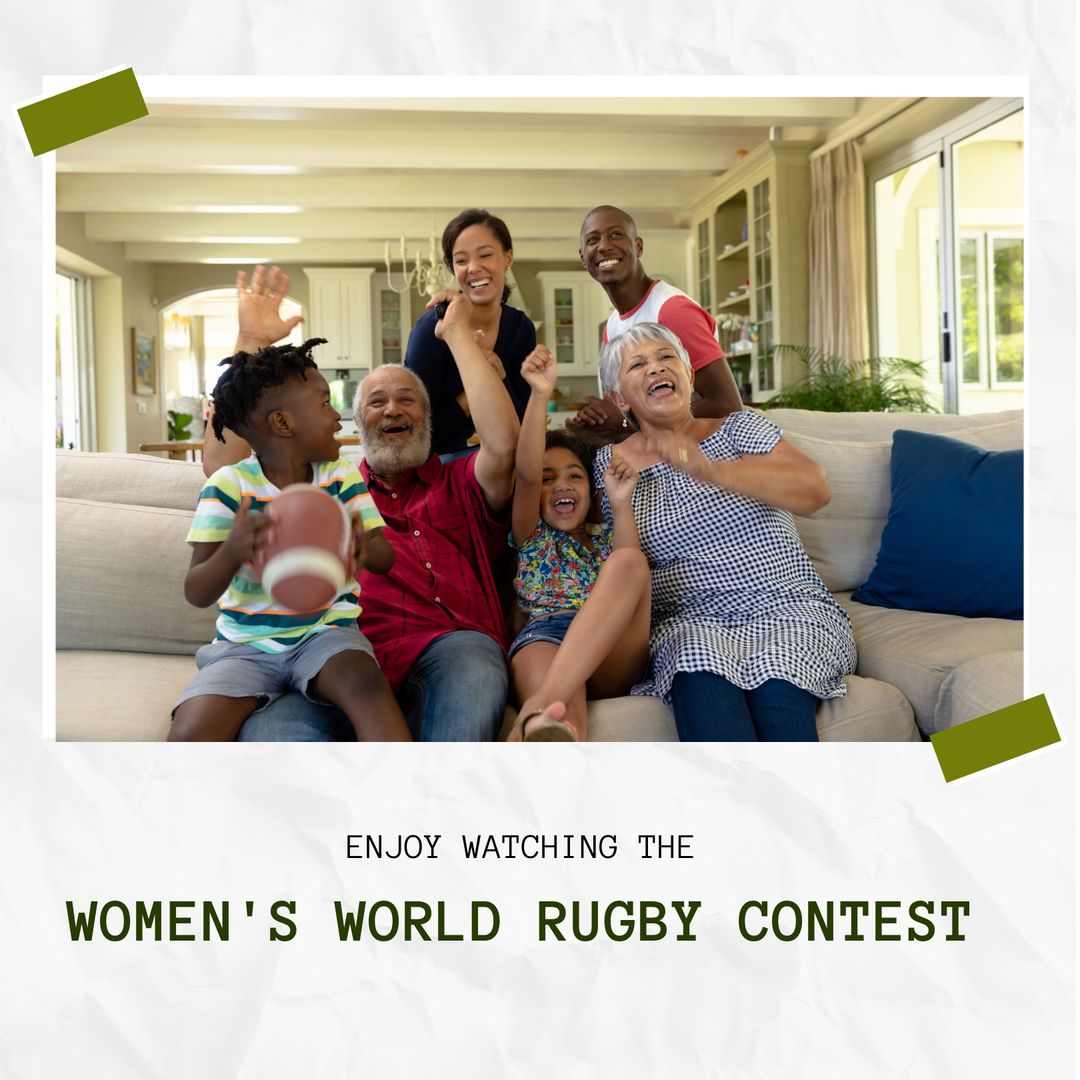 Multiracial Family Enthusiastically Watching Rugby Match at Home