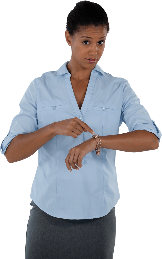 Transparent Professional Businesswoman Checking Time on Wristwatch