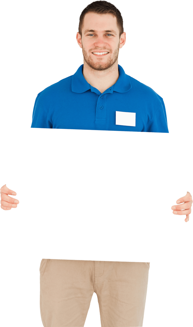 Transparent Man in Polo Displaying Blank Sign Banner