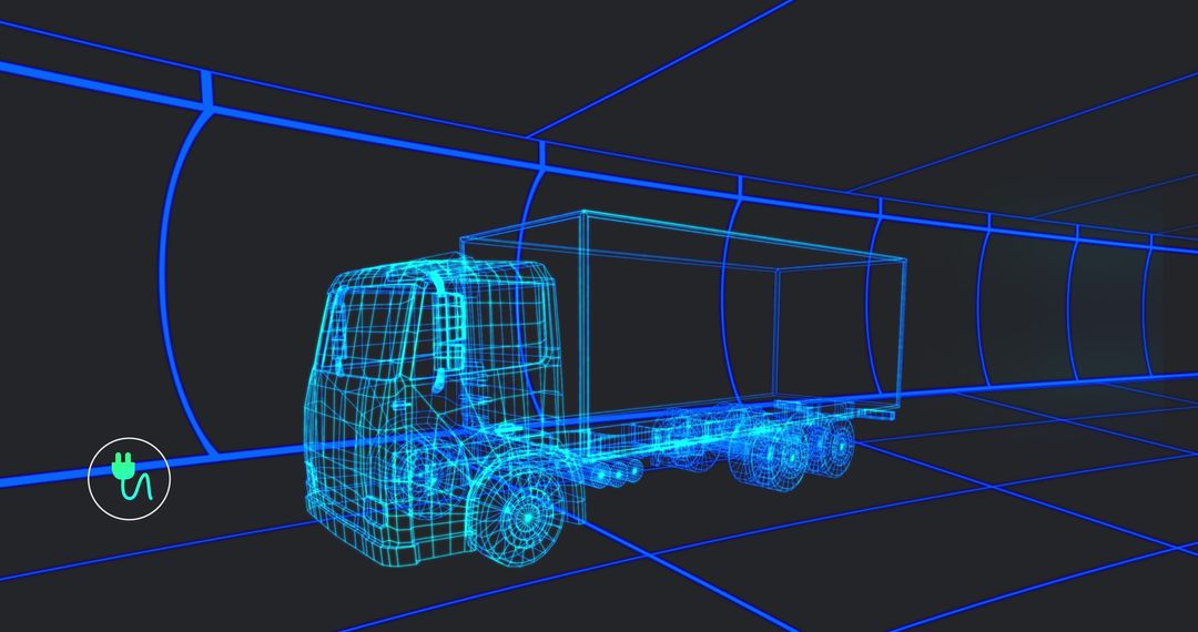 Futuristic 3D Truck in Tunnel with Digital Icons Overlay