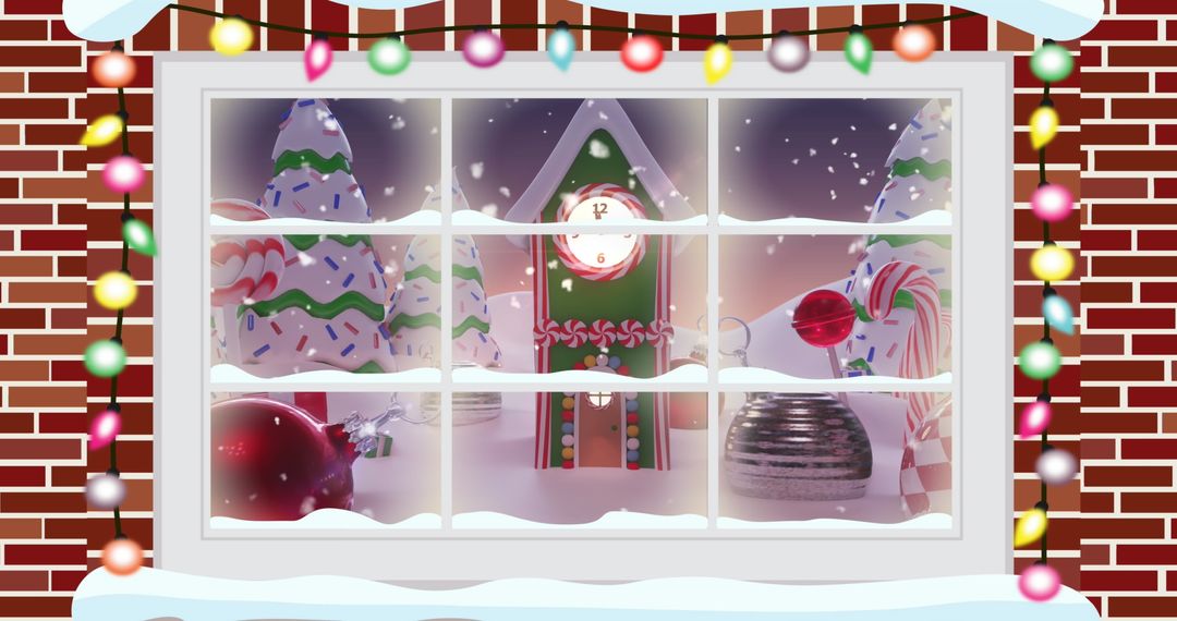 Festive Winter Scene Through Snowy Window With Decorations