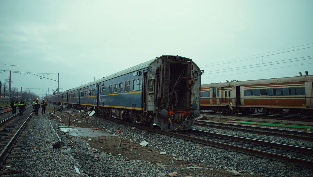 Workers Performing Maintenance on Passenger Train in Railway Yard
