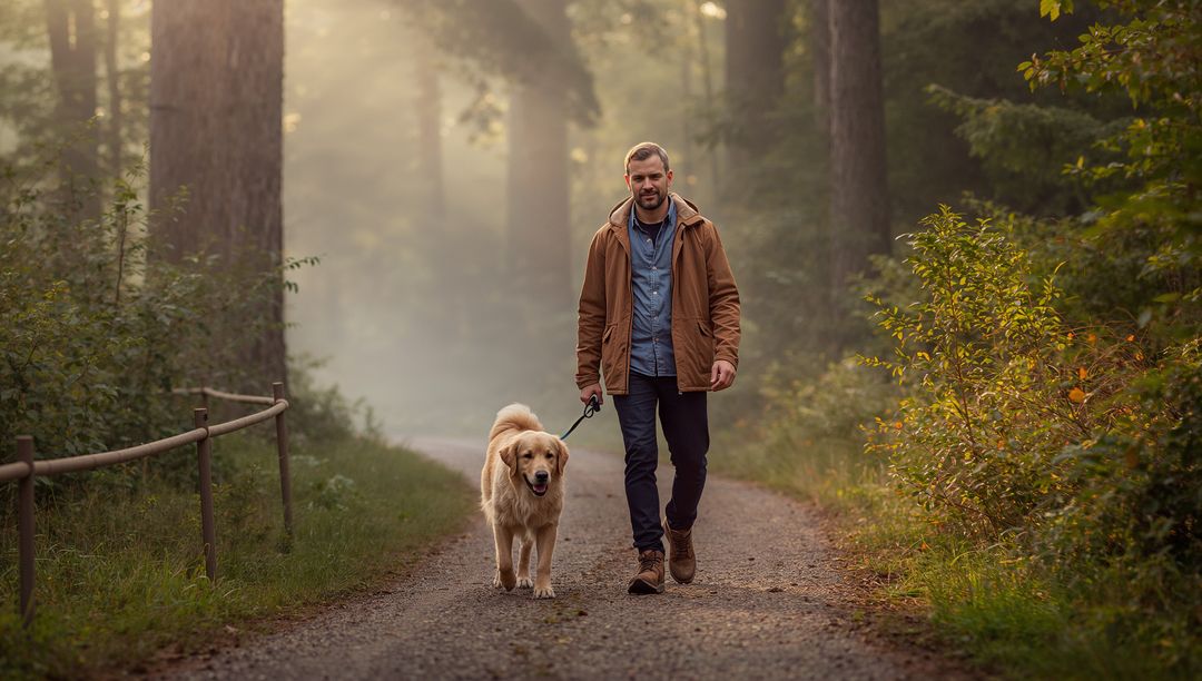 Man walking golden retriever on misty forest trail at sunrise embracing peaceful outdoor routine