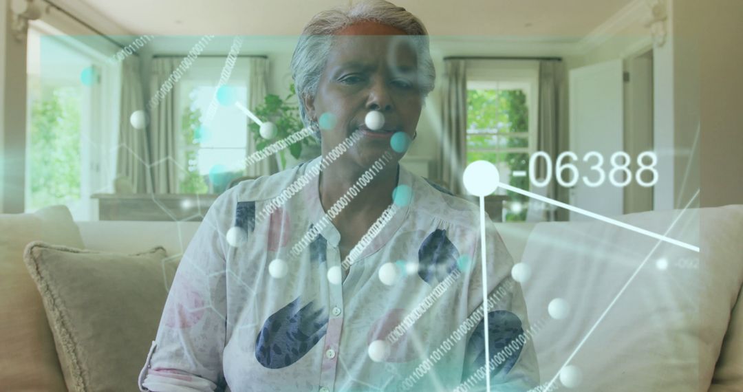 Senior Woman Engages with Virtual Network on Sofa at Home