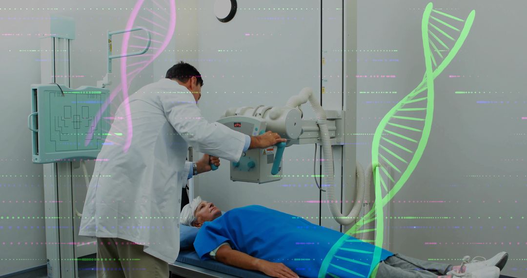 Radiologist Adjusting X-ray Machine Over Patient in Clinical Setting