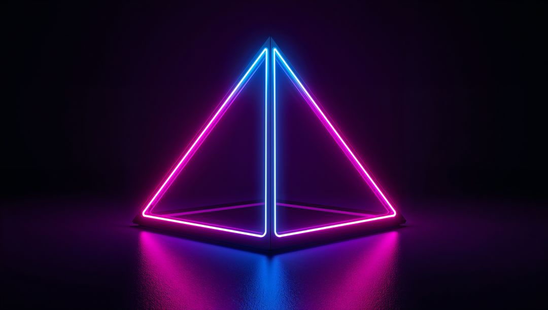 Glowing Neon Pyramid Casting Magenta Cyan Reflections Dark Floor Futuristic LED Geometry