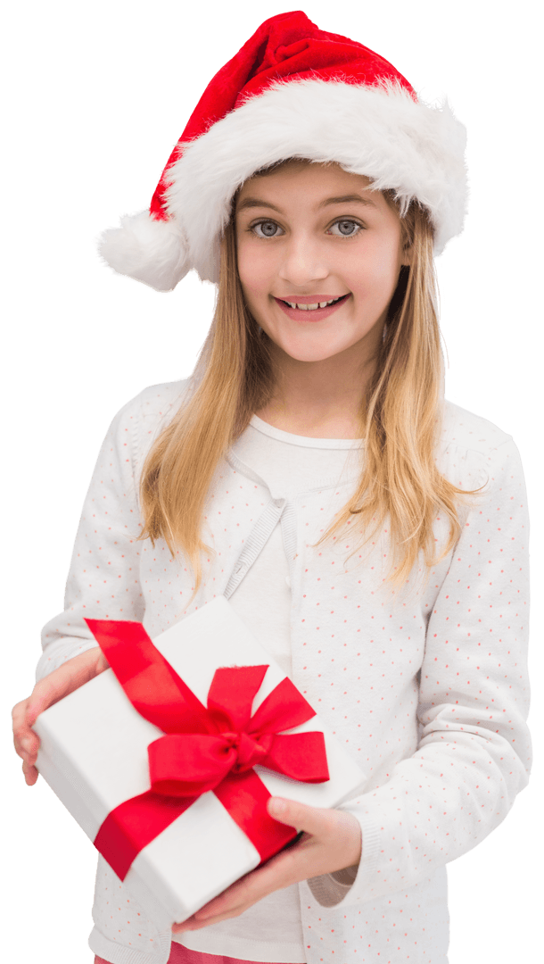 Smiling Child in Santa Hat Holding Gift with Red Bow Transparently