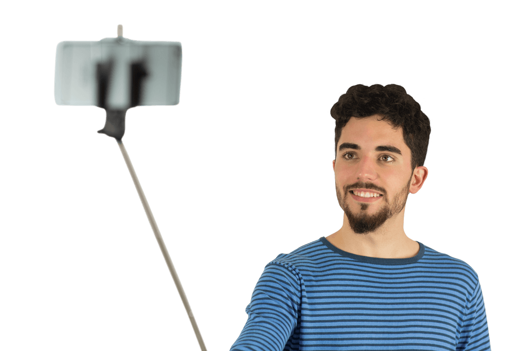 Man with Striped Shirt Taking Selfie Using Transparent Selfie Stick