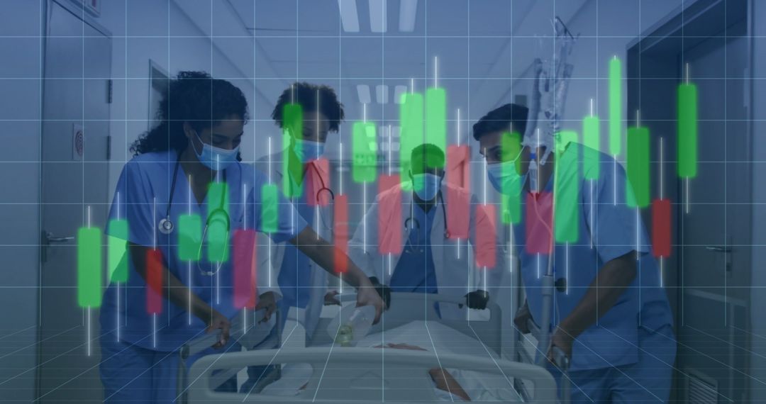 Healthcare professionals pushing patient in hospital, stock market overlay