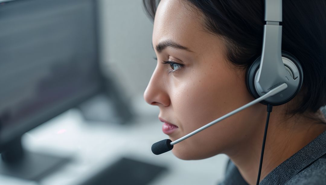 Customer Service Representative Using Headset at Modern Office Workspace