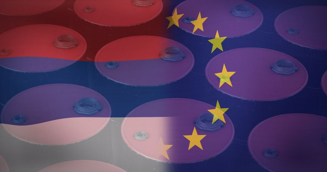 European Union Flag Overlaying Rows of Industrial Barrels