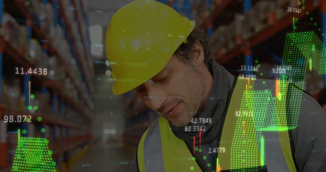 Warehouse Efficiency Concept with Data and Caucasian Worker