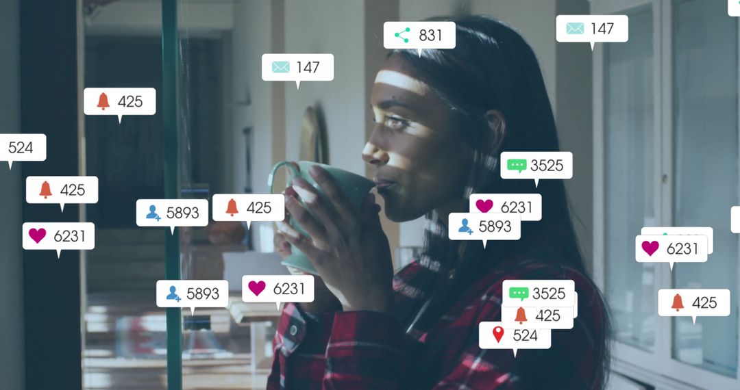 Social Media Engagement Overlaid on Contemplative Tea Moment