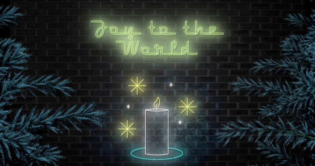 Christmas Neon Sign 'Joy to the World' With Candle and Fir Tree Decoration