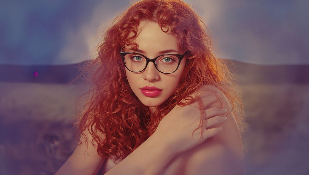 Bare-Shouldered Red-Hair Model Set against Desert Dunes Portrait