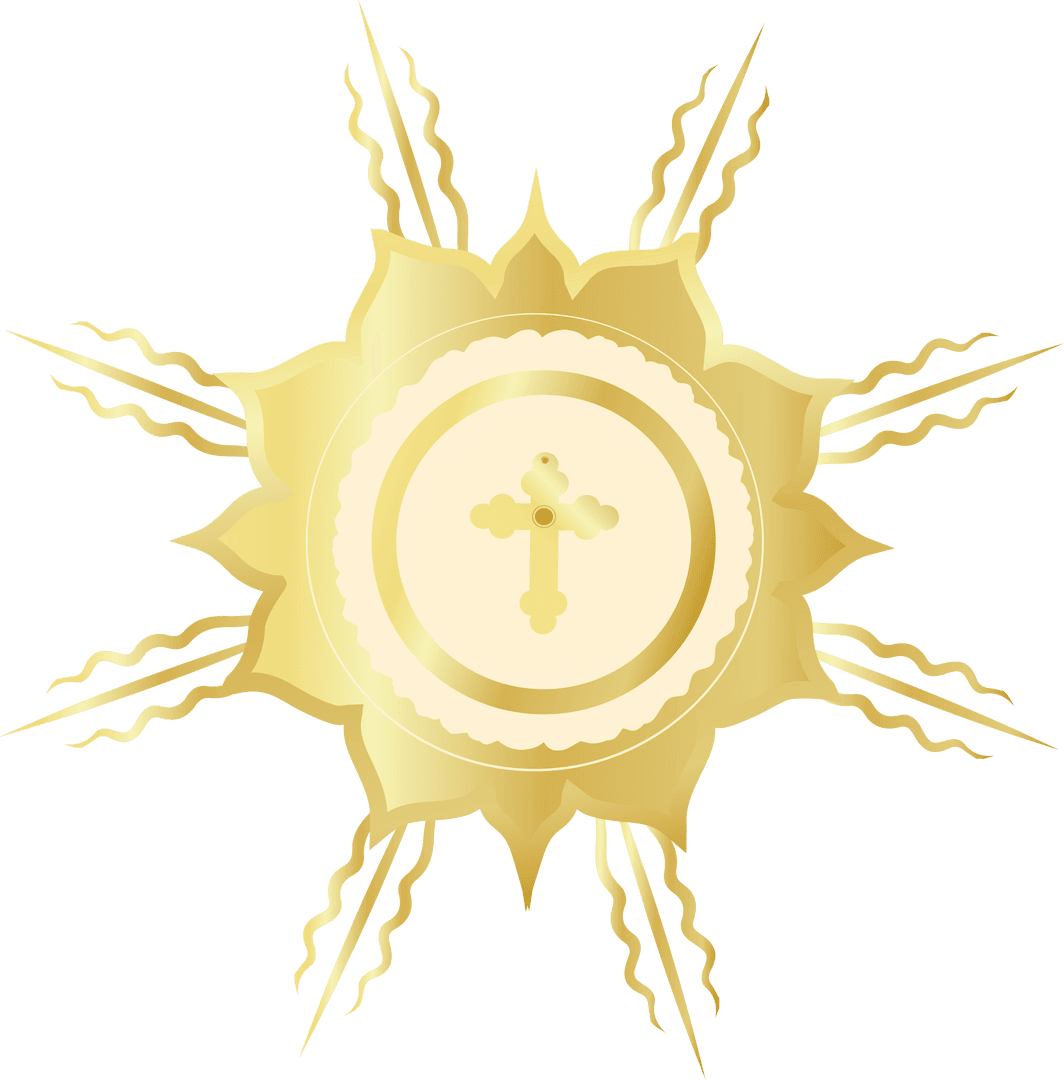 Golden Sunburst Emblem with Cross Symbol on Transparent Background