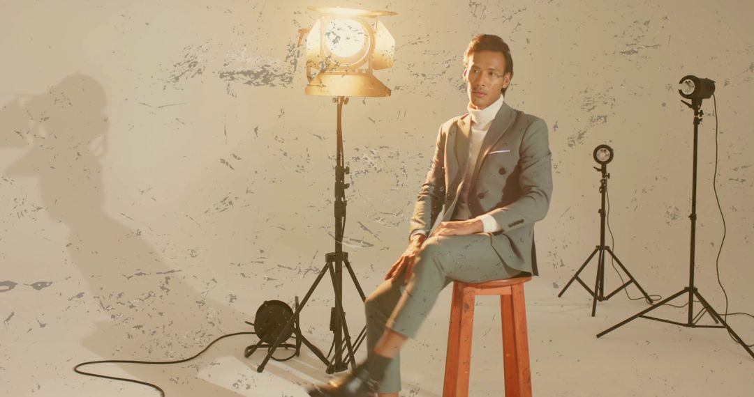 Stylish Man in Grey Suit in Artful Studio Setting