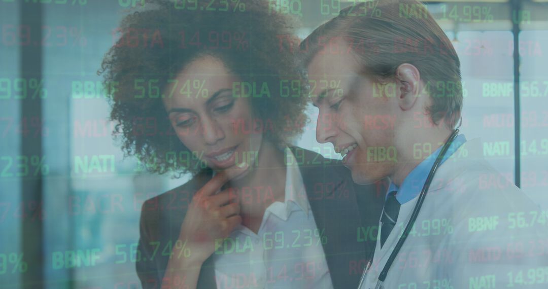 Diverse Doctors Analyzing Financial Data in Digital Interface Environment