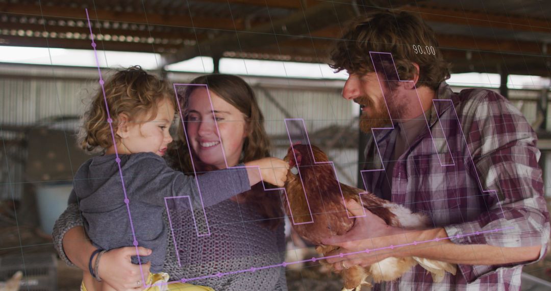 Family on Farm Analyzing Data Overlaid with Technology Interface