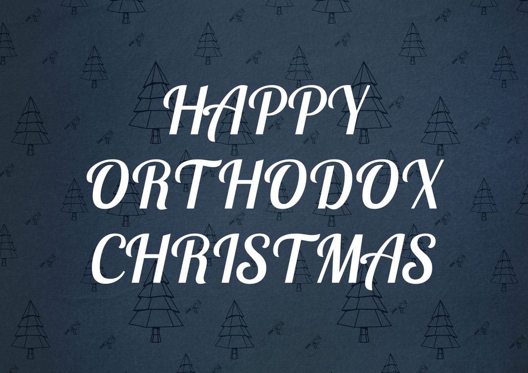 Vector of happy orthodox christmas text with spruce trees pattern on gray background, copy space - Free Images, Stock Photos and Pictures on Pikwizard.com