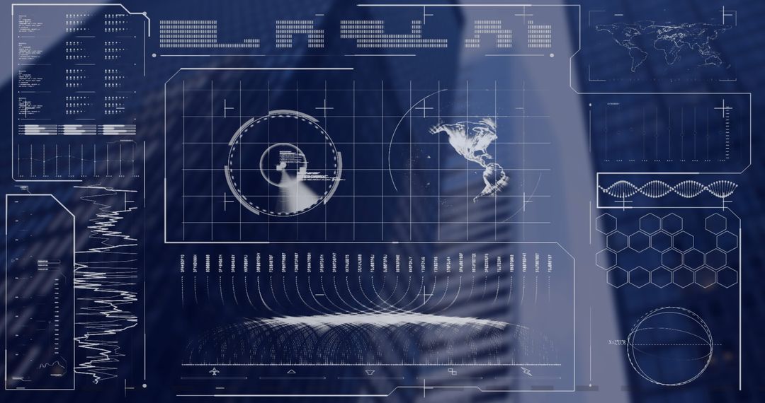 Futuristic Digital Interface Overlaying Skyscraper Backdrop