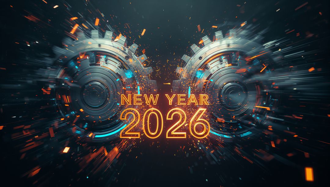 Futuristic Neon New Year 2026 Countdown with Spinning Metallic Gears and Explosive Sparks