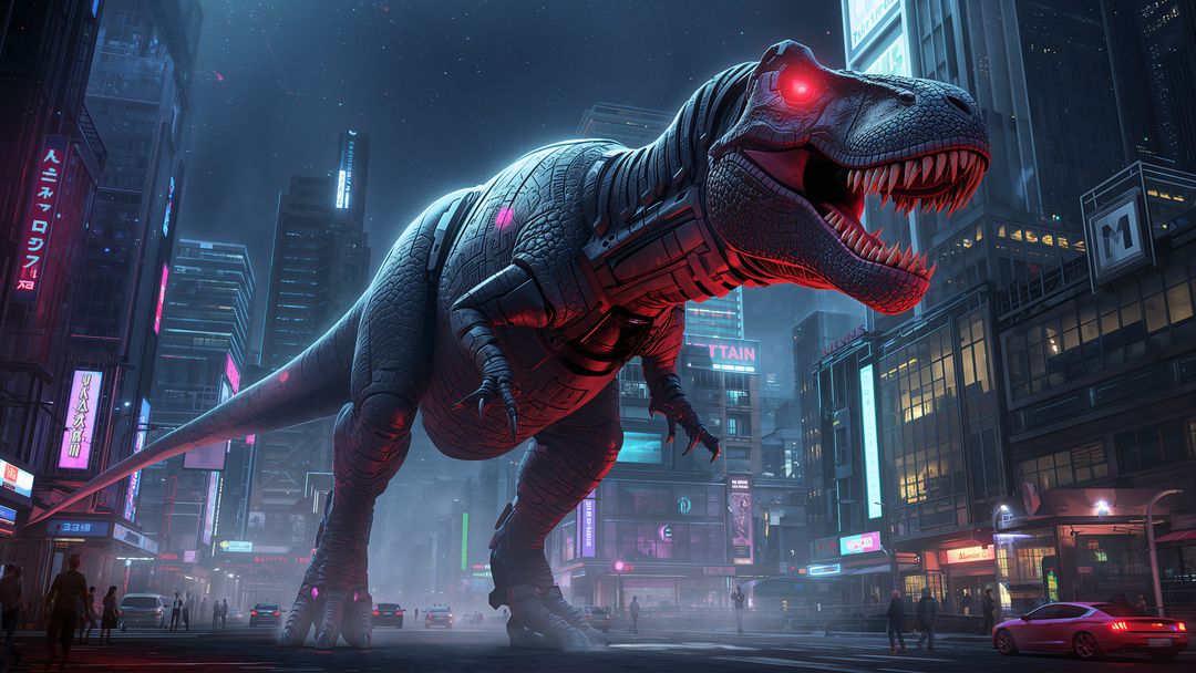 Robotic T. Rex Dominating Neon-Lit Cyberpunk Metropolis
