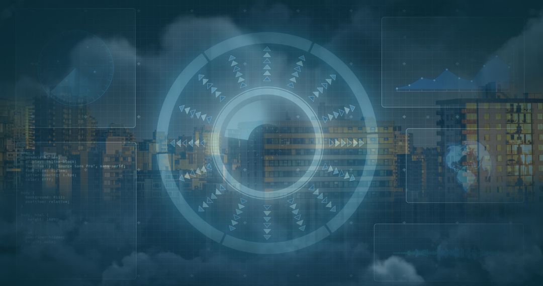 Futuristic Cityscape with Digital Scanning Interface Overlay