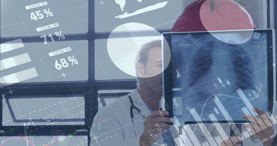 Doctors Analyzing Patient X-Ray with Digital Infographic Overlay