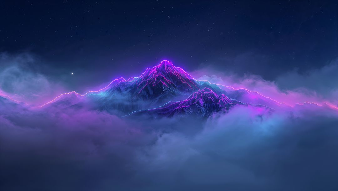 Glowing Neon Mountain Range with Ethereal Fog and Starfield, Futuristic Vaporwave Landscape