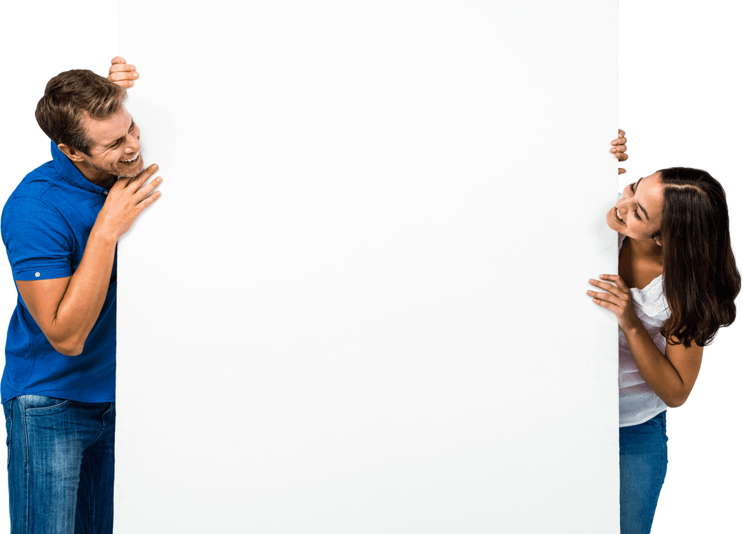 Smiling Couple Behind Transparent Board Interacting