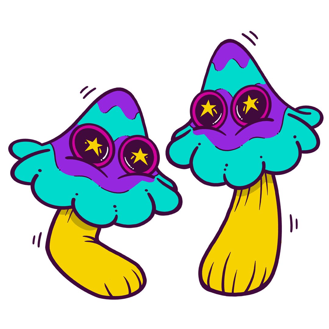 Playful Star-Eyed Mushroom Characters on Transparent Background
