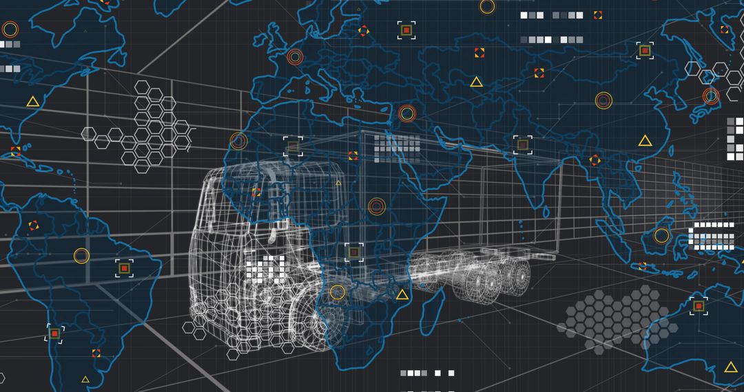 Wireframe Truck Model with Global Map and Digital Data Patterns