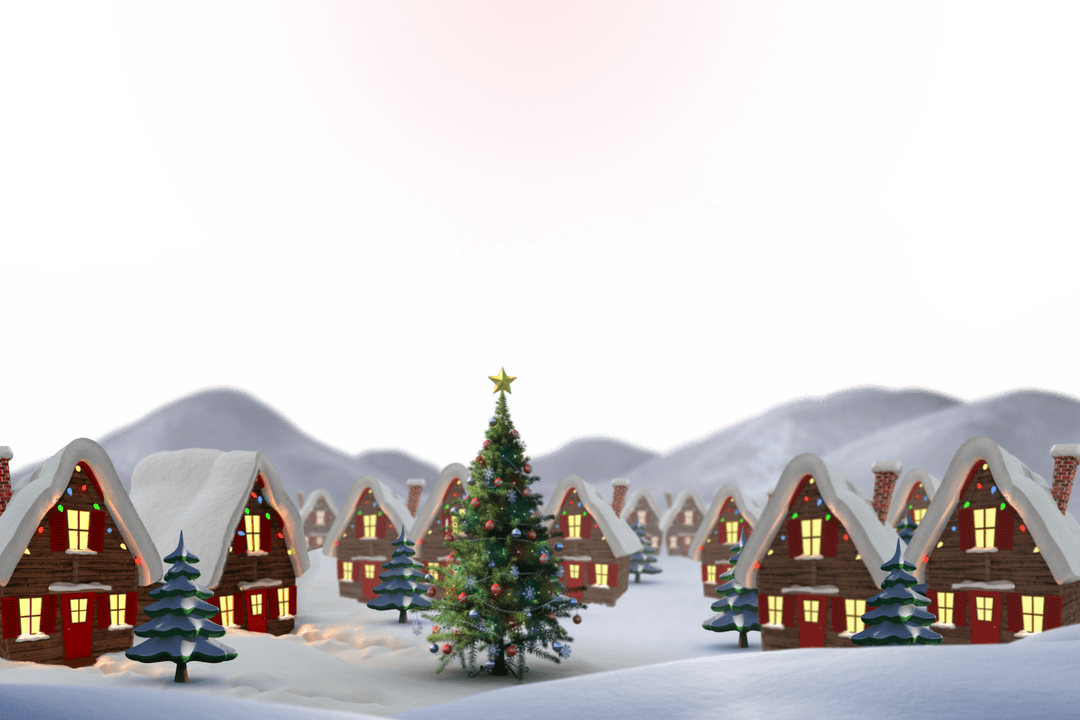 Transparent Christmas Village with Snow Covered Houses and Tree
