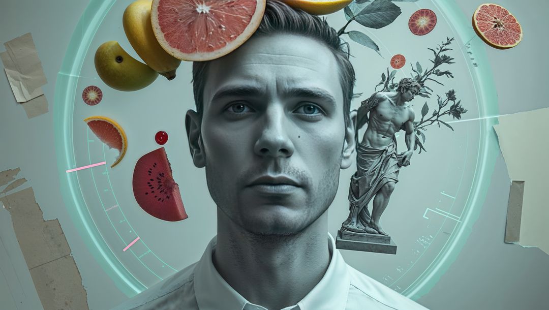Futuristic Portrait with Grapefruit and Statue Elements