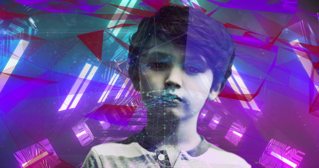 Futuristic Child in Neon Digital Tunnel Focused Expression
