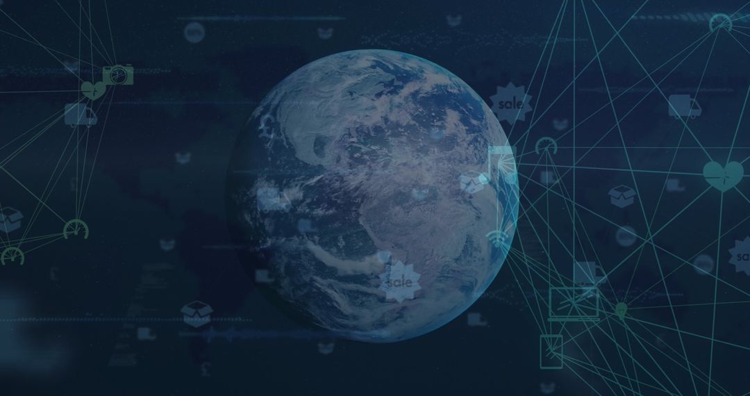 Two Overlapping Digital Globes with Global Networking Icons