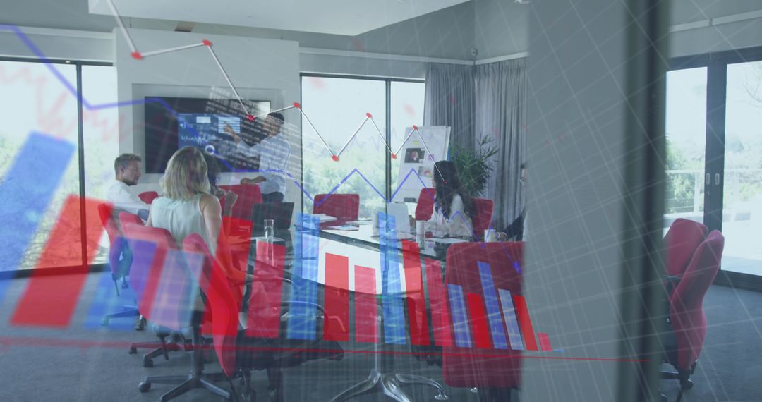 Business Meeting with Data Graph Overlay in Modern Office