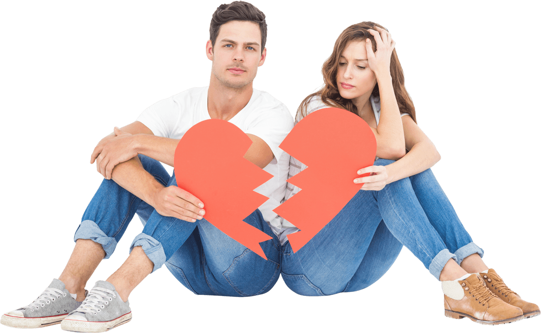 Transparent Couple Sitting on Floor with Broken Heart
