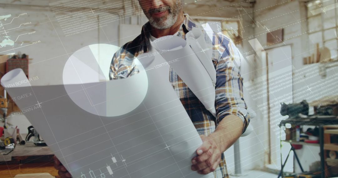 Engineer Analyzing Architectural Plans with Technical Holograms